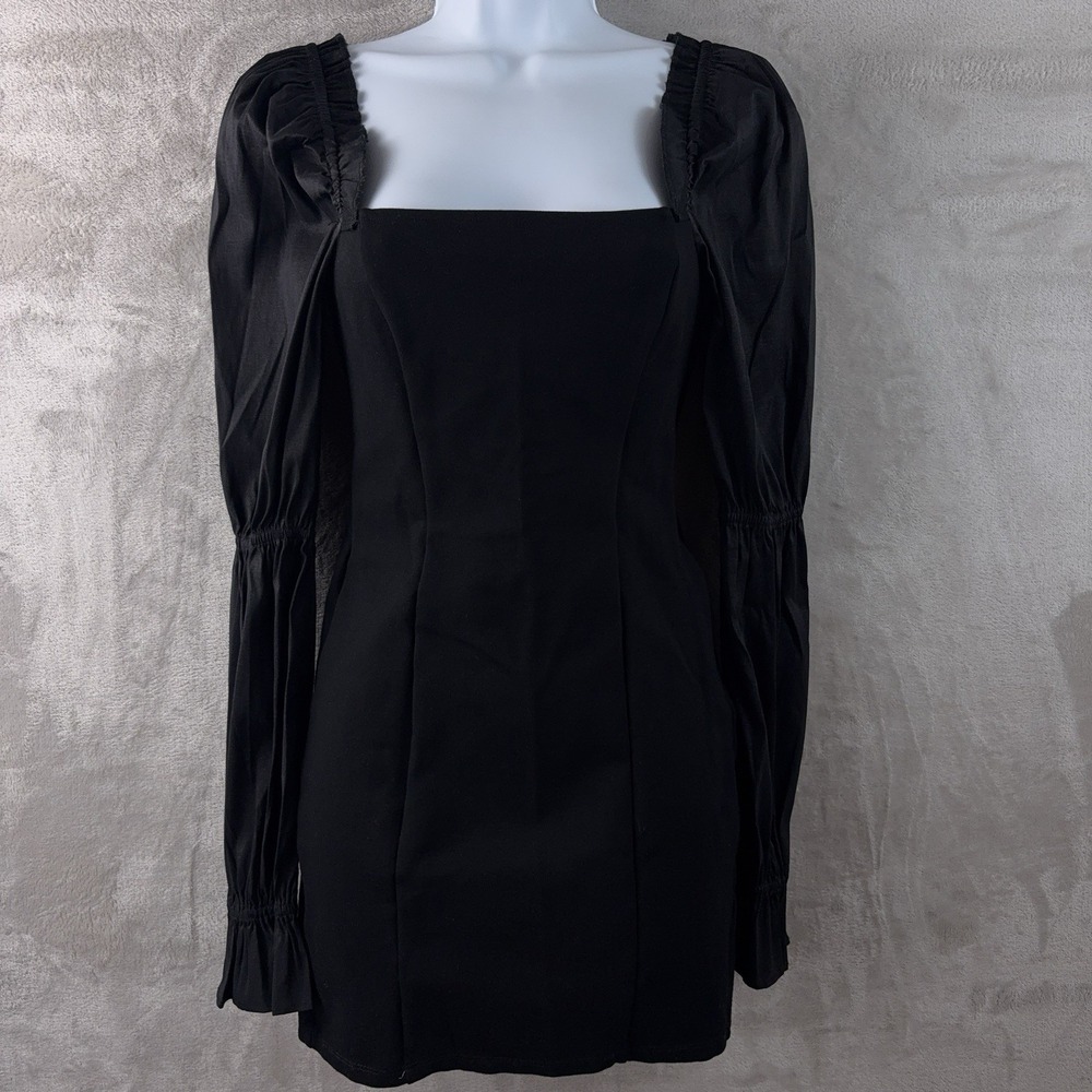 Majorelle Puff Sleeve Mini Dress Womens Size XS Black‎ Square Neck Long Sleeve